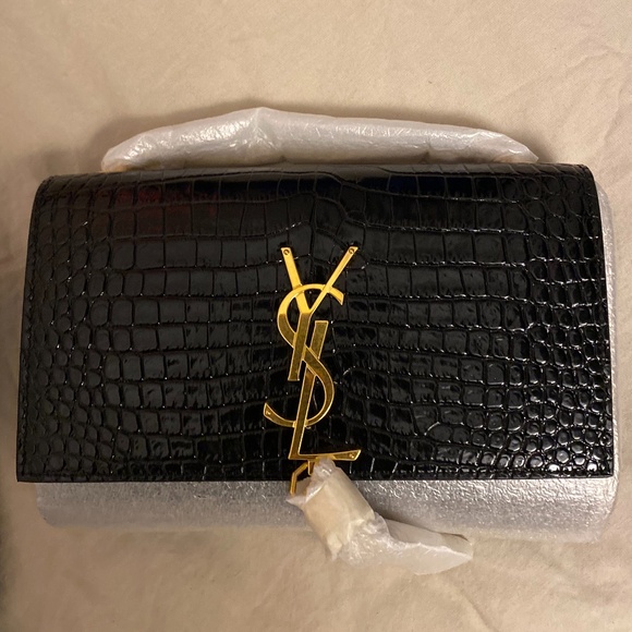YSL KATE SMALL CHAIN BAG WITH TASSEL IN CROCODILE-EMBOSSED SHINY LEATHER - Picture 1 of 4